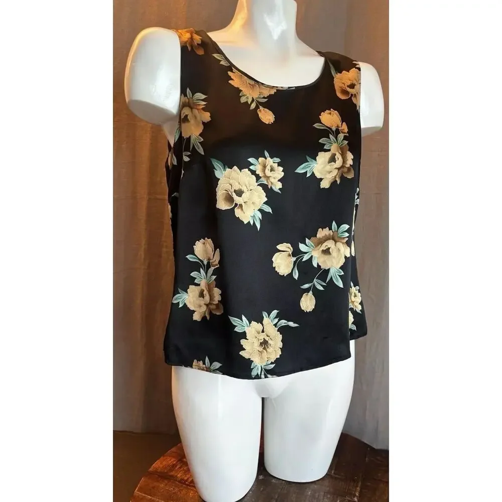 Kate Hill Silk Top Satin Black Tank Sleeveless Size 8 Floral Roses